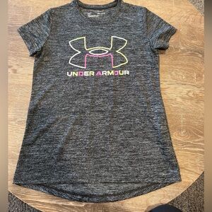 Under Armour Girls' Charcoal Heather Tee with Pink & Yellow Logo